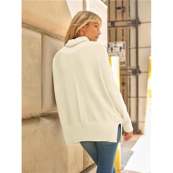 Women's Oversized Ribbed Turtleneck Sweater with Batwing Sleeves –Fall Tunic - Picture 5 of 7